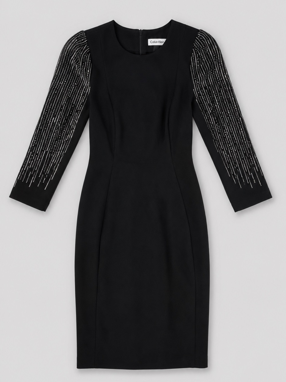 Calvin Klein Black Scuba Crepe Sheath Dress Beaded 3/4 Sleeve Cocktail Event